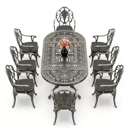 Oval Masa E:100 x D:200 x Y:72 cm 8 Kişilik güllü, kollu alüminyum döküm masa ve sandalye takımı silver gümüş
