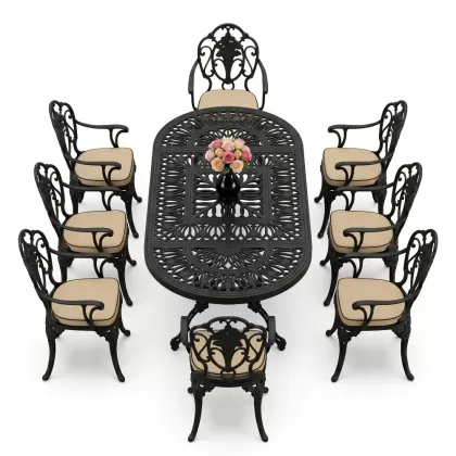 Oval Masa E:100 x D:200 x Y:72 cm 8 Kişilik güllü, kollu alüminyum döküm masa ve sandalye takımı siyah