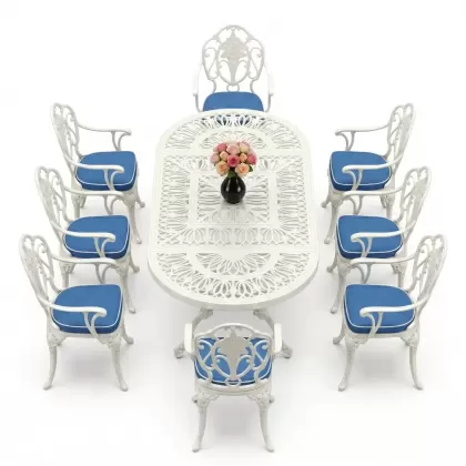 Oval Masa E:100 x D:200 x Y:72 cm 8 Kişilik güllü, kollu alüminyum döküm masa ve sandalye takımı beyaz