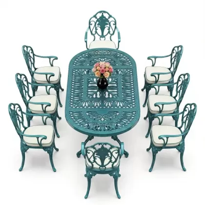 Oval Masa E:100 x D:200 x Y:72 cm 8 Kişilik güllü, kollu alüminyum döküm masa ve sandalye takımı turkuaz