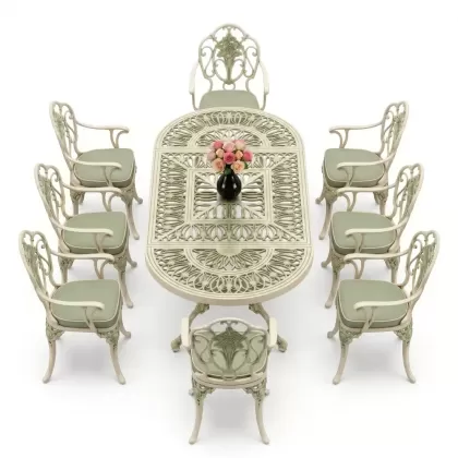 Oval Masa E:100 x D:200 x Y:72 cm 8 Kişilik güllü, kollu alüminyum döküm masa ve sandalye takımı yeşil patina