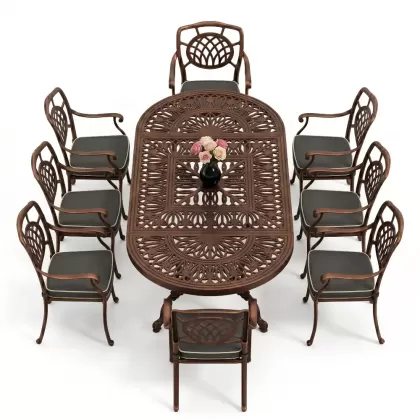 Oval Masa E:100 x D:200 x Y:72 cm 8 Kişilik ay figürlü kollu alüminyum döküm masa ve sandalye takımı bakır eskitme