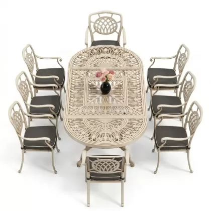 Oval Masa E:100 x D:200 x Y:72 cm 8 Kişilik ay figürlü kollu alüminyum döküm masa ve sandalye takımı beyaz eskitme