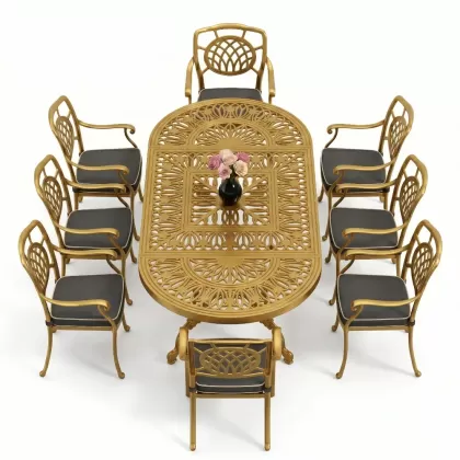 Oval Masa E:100 x D:200 x Y:72 cm 8 Kişilik ay figürlü kollu alüminyum döküm masa ve sandalye takımı gold altın