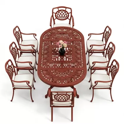 Oval Masa E:100 x D:200 x Y:72 cm 8 Kişilik ay figürlü kollu alüminyum döküm masa ve sandalye takımı kırmızı kiremit