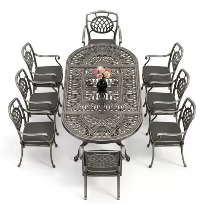 Oval Masa E:100 x D:200 x Y:72 cm 8 Kişilik ay figürlü kollu alüminyum döküm masa ve sandalye takımı gümüş silver