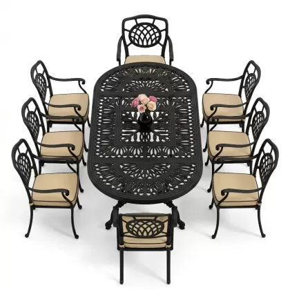 Oval Masa E:100 x D:200 x Y:72 cm 8 Kişilik ay figürlü kollu alüminyum döküm masa ve sandalye takımı siyah