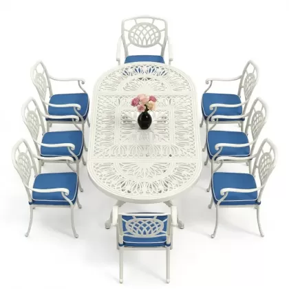 Oval Masa E:100 x D:200 x Y:72 cm 8 Kişilik ay figürlü kollu alüminyum döküm masa ve sandalye takımı beyaz