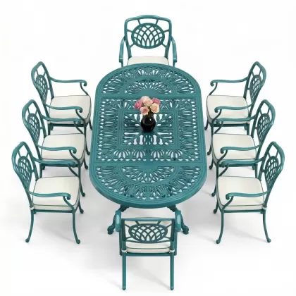 Oval Masa E:100 x D:200 x Y:72 cm 8 Kişilik ay figürlü kollu alüminyum döküm masa ve sandalye takımı turkuaz