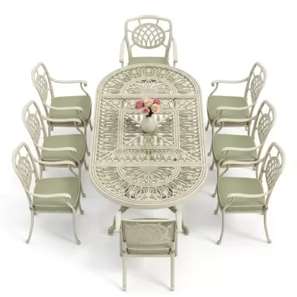 Oval Masa E:100 x D:200 x Y:72 cm 8 Kişilik ay figürlü kollu alüminyum döküm masa ve sandalye takımı yeşil patina