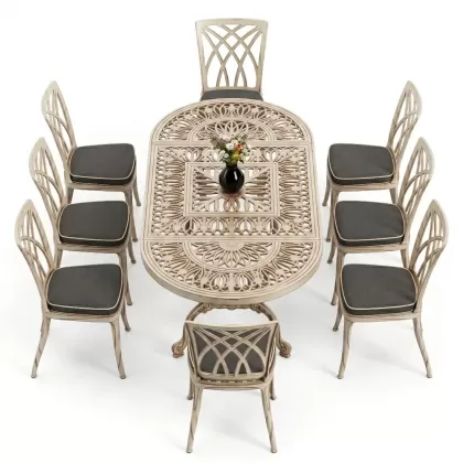 Oval Masa E:100 x D:200 x Y:72 cm 8 Kişilik kolsuz modern alüminyum döküm masa ve sandalye takımı beyaz eskitme