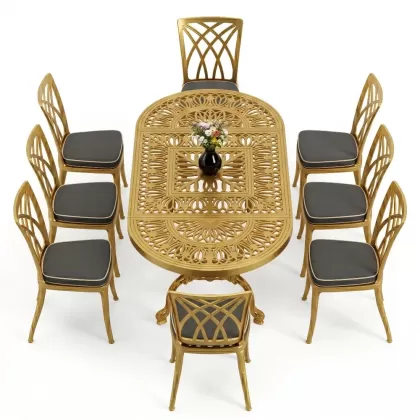 Oval Masa E:100 x D:200 x Y:72 cm 8 Kişilik kolsuz modern alüminyum döküm masa ve sandalye takımı gold altın
