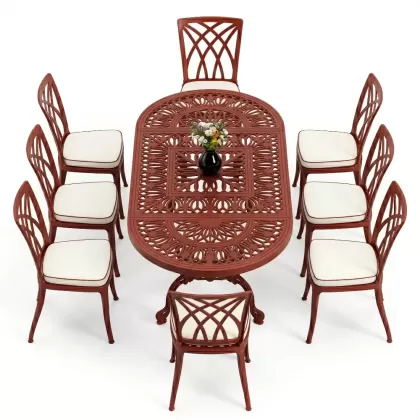 Oval Masa E:100 x D:200 x Y:72 cm 8 Kişilik kolsuz modern alüminyum döküm masa ve sandalye takımı kırmızı kiremit