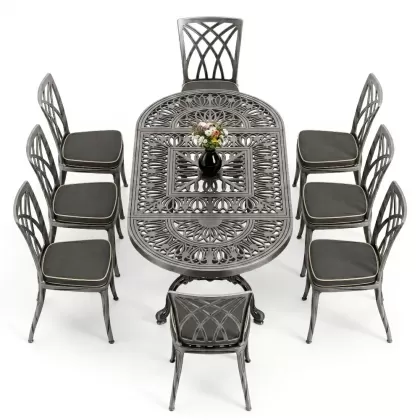 Oval Masa E:100 x D:200 x Y:72 cm 8 Kişilik kolsuz modern alüminyum döküm masa ve sandalye takımı silver gümüş