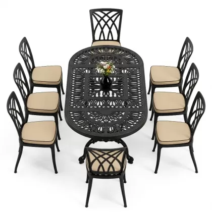 Oval Masa E:100 x D:200 x Y:72 cm 8 Kişilik kolsuz modern alüminyum döküm masa ve sandalye takımı siyah