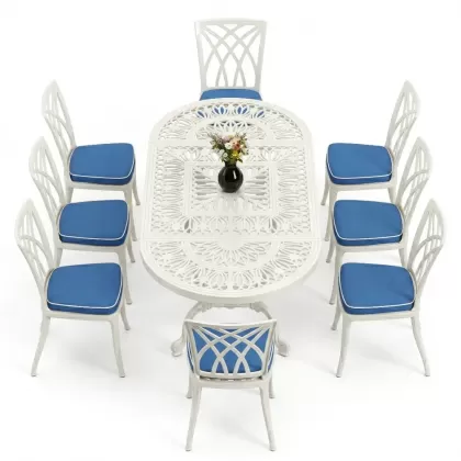 Oval Masa E:100 x D:200 x Y:72 cm 8 Kişilik kolsuz modern alüminyum döküm masa ve sandalye takımı beyaz