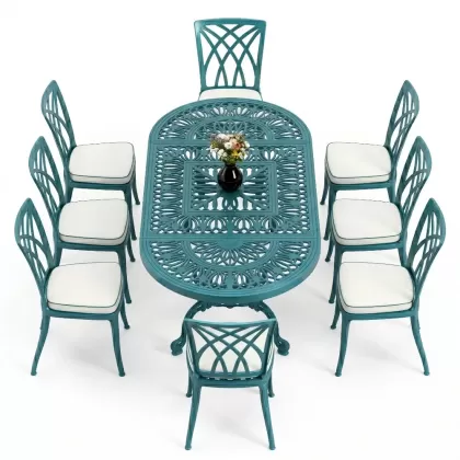 Oval Masa E:100 x D:200 x Y:72 cm 8 Kişilik kolsuz modern alüminyum döküm masa ve sandalye takımı turkuaz