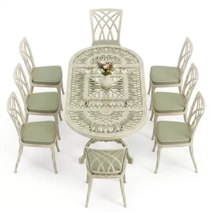 Oval Masa E:100 x D:200 x Y:72 cm 8 Kişilik kolsuz modern alüminyum döküm masa ve sandalye takımı yeşil patina