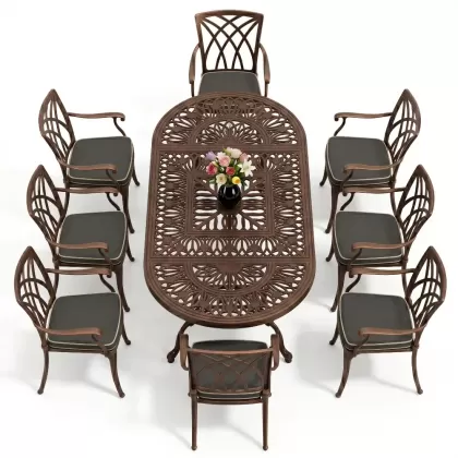 Oval Masa E:100 x D:200 x Y:72 cm 8 Kişilik yeni sezon model alüminyum döküm masa ve sandalye takımı bakır eskitme