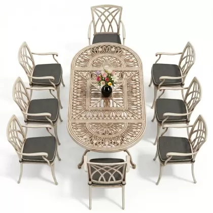 Oval Masa E:100 x D:200 x Y:72 cm 8 Kişilik yeni sezon model alüminyum döküm masa ve sandalye takımı beyaz eskitme