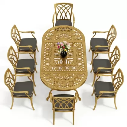 Oval Masa E:100 x D:200 x Y:72 cm 8 Kişilik yeni sezon model alüminyum döküm masa ve sandalye takımı gold altın