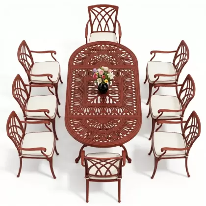 Oval Masa E:100 x D:200 x Y:72 cm 8 Kişilik yeni sezon model alüminyum döküm masa ve sandalye takımı kırmızı kiremit