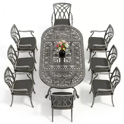 Oval Masa E:100 x D:200 x Y:72 cm 8 Kişilik yeni sezon model alüminyum döküm masa ve sandalye takımı silver gümüş