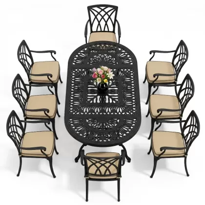 Oval Masa E:100 x D:200 x Y:72 cm 8 Kişilik yeni sezon model alüminyum döküm masa ve sandalye takımı siyah