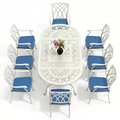 Oval Masa E:100 x D:200 x Y:72 cm 8 Kişilik yeni sezon model alüminyum döküm masa ve sandalye takımı beyaz