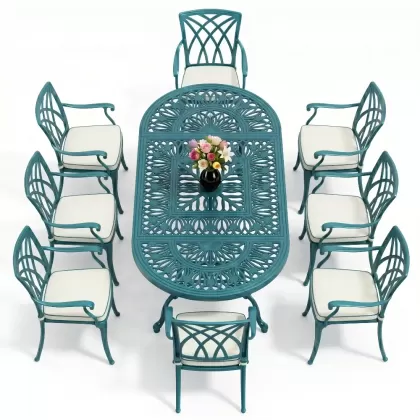 Oval Masa E:100 x D:200 x Y:72 cm 8 Kişilik yeni sezon model alüminyum döküm masa ve sandalye takımı turkuaz