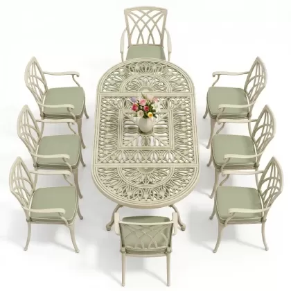 Oval Masa E:100 x D:200 x Y:72 cm 8 Kişilik yeni sezon model alüminyum döküm masa ve sandalye takımı yeşil ğatina