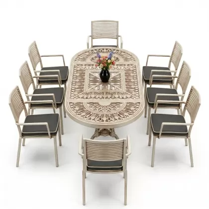 Oval Masa E:100 x D:200 x Y:72 cm 8 Kişilik modern motifli alüminyum döküm masa ve sandalye takımı beyaz eskitme