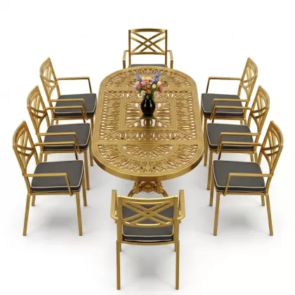 Oval Masa E:100 x D:200 x Y:72 cm 8 Kişilik modern motifli alüminyum döküm masa ve sandalye takımı gold altın