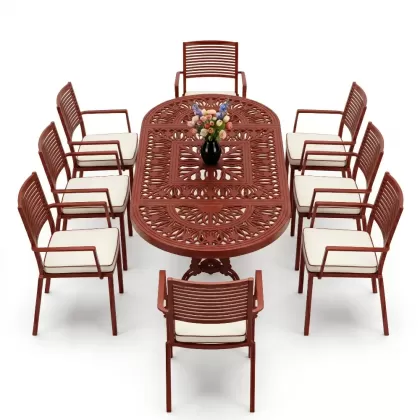 Oval Masa E:100 x D:200 x Y:72 cm 8 Kişilik modern motifli alüminyum döküm masa ve sandalye takımı kırmızı kiremit