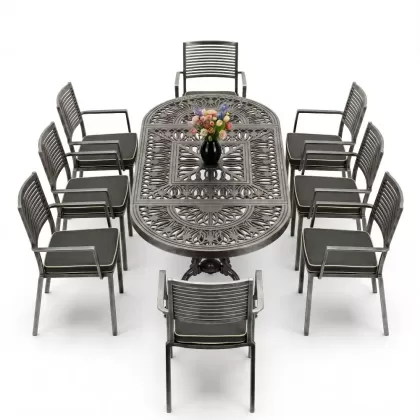 Oval Masa E:100 x D:200 x Y:72 cm 8 Kişilik modern motifli alüminyum döküm masa ve sandalye takımı gümüş silver