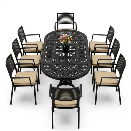 Oval Masa E:100 x D:200 x Y:72 cm 8 Kişilik modern motifli alüminyum döküm masa ve sandalye takımı siyah