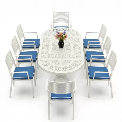 Oval Masa E:100 x D:200 x Y:72 cm 8 Kişilik modern motifli alüminyum döküm masa ve sandalye takımı beyaz