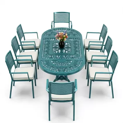Oval Masa E:100 x D:200 x Y:72 cm 8 Kişilik modern motifli alüminyum döküm masa ve sandalye takımı turkuaz
