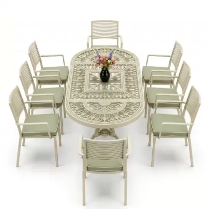 Oval Masa E:100 x D:200 x Y:72 cm 8 Kişilik modern motifli alüminyum döküm masa ve sandalye takımı yeşil patina