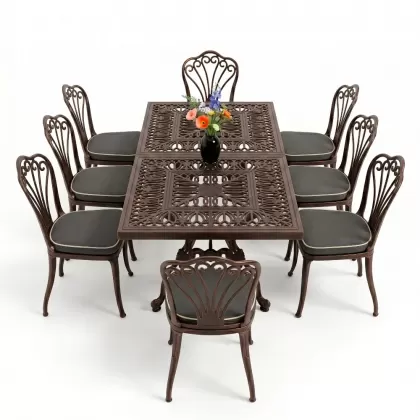 Dikdörtgen Masa E:100 x D:200  x Y:72 cm 8 Kişilik tavuskuşu model alüminyum döküm masa ve sandalye takımı bakır eskitme