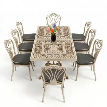 Dikdörtgen Masa E:100 x D:200  x Y:72 cm 8 Kişilik tavuskuşu model alüminyum döküm masa ve sandalye takımı beyaz eskitme