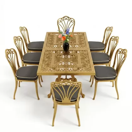 Dikdörtgen Masa E:100 x D:200  x Y:72 cm 8 Kişilik tavuskuşu model alüminyum döküm masa ve sandalye takımı gold altın