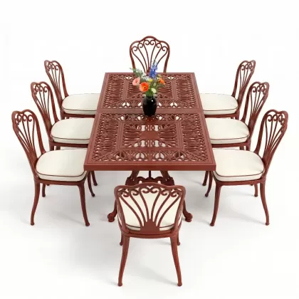 Dikdörtgen Masa E:100 x D:200  x Y:72 cm 8 Kişilik tavuskuşu model alüminyum döküm masa ve sandalye takımı kırmızı kiremit