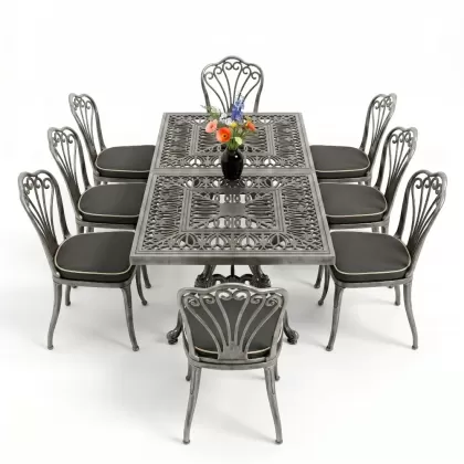 Dikdörtgen Masa E:100 x D:200  x Y:72 cm 8 Kişilik tavuskuşu model alüminyum döküm masa ve sandalye takımı gümüş silver