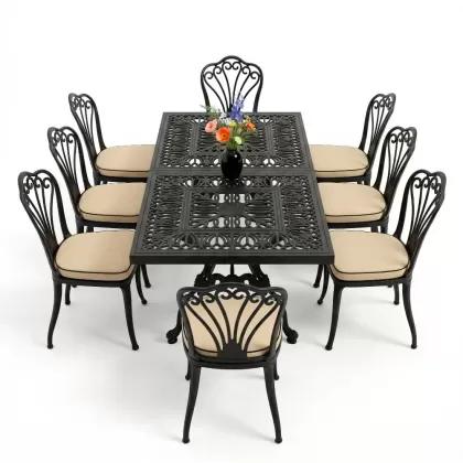 Dikdörtgen Masa E:100 x D:200  x Y:72 cm 8 Kişilik tavuskuşu model alüminyum döküm masa ve sandalye takımı siyah