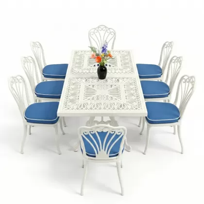 Dikdörtgen Masa E:100 x D:200  x Y:72 cm 8 Kişilik tavuskuşu model alüminyum döküm masa ve sandalye takımı beyaz