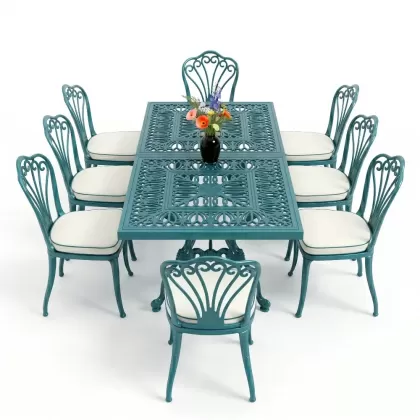 Dikdörtgen Masa E:100 x D:200  x Y:72 cm 8 Kişilik tavuskuşu model alüminyum döküm masa ve sandalye takımı turkuaz
