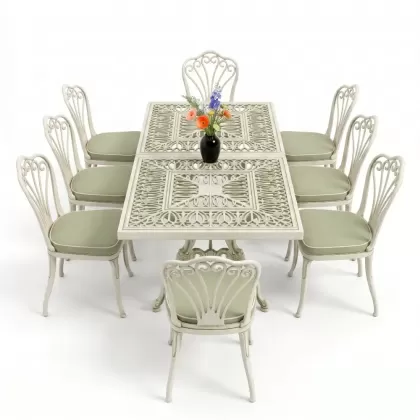 Dikdörtgen Masa E:100 x D:200  x Y:72 cm 8 Kişilik tavuskuşu model alüminyum döküm masa ve sandalye takımı beyaz yeşil patina