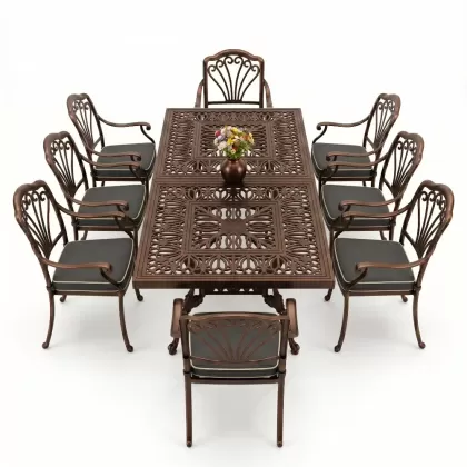 Dikdörtgen Masa E:100 x D:200 x Y:72 cm 8 Kişilik tavuskuşu motif alüminyum döküm masa ve sandalye takımı bakır eskitme