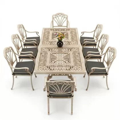 Dikdörtgen Masa E:100 x D:200 x Y:72 cm 8 Kişilik tavuskuşu motif alüminyum döküm masa ve sandalye takımı beyaz eskitme